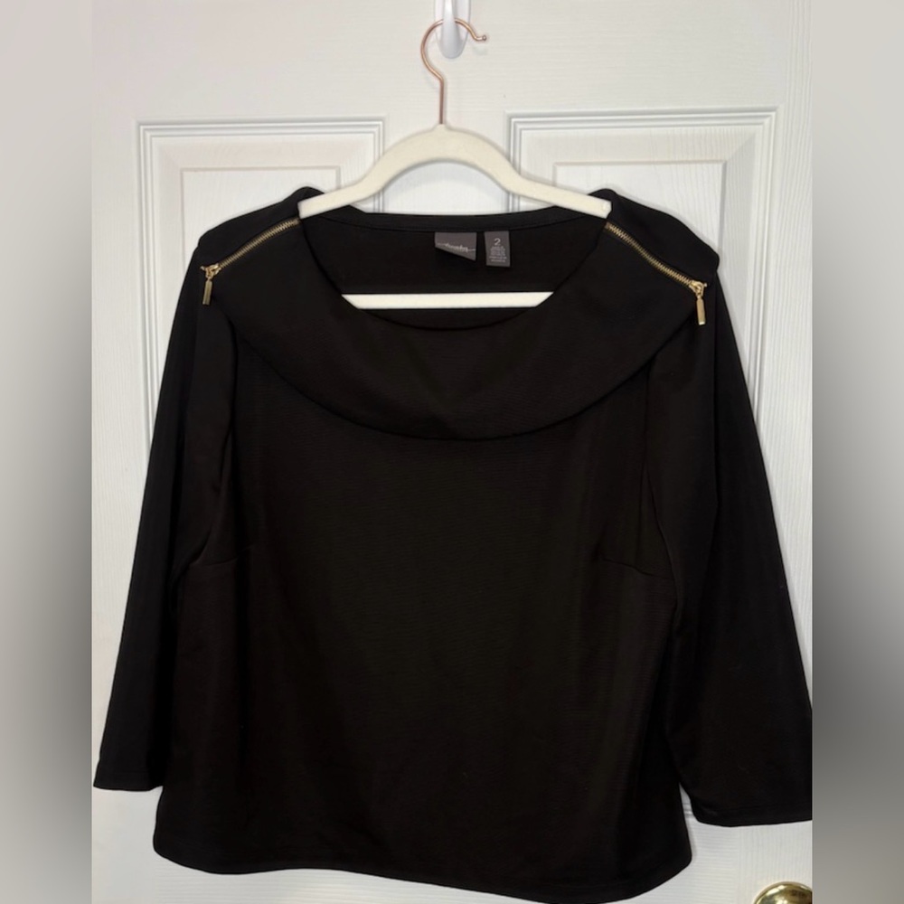 Chico’s‎ Black Soft Draped Neck Top Gold Zip Shoulder 3/4 Sleeve Size L